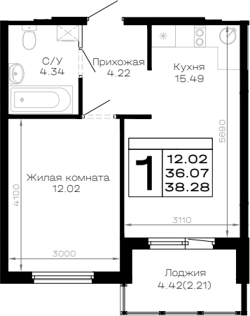 1-комн., 36.07 м², 4/4 этаж, ЖК «Усадьба Гостагаевская»