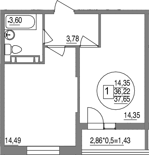 1-комн., 36.22 м², 8/12 этаж, ЖК «Друг»