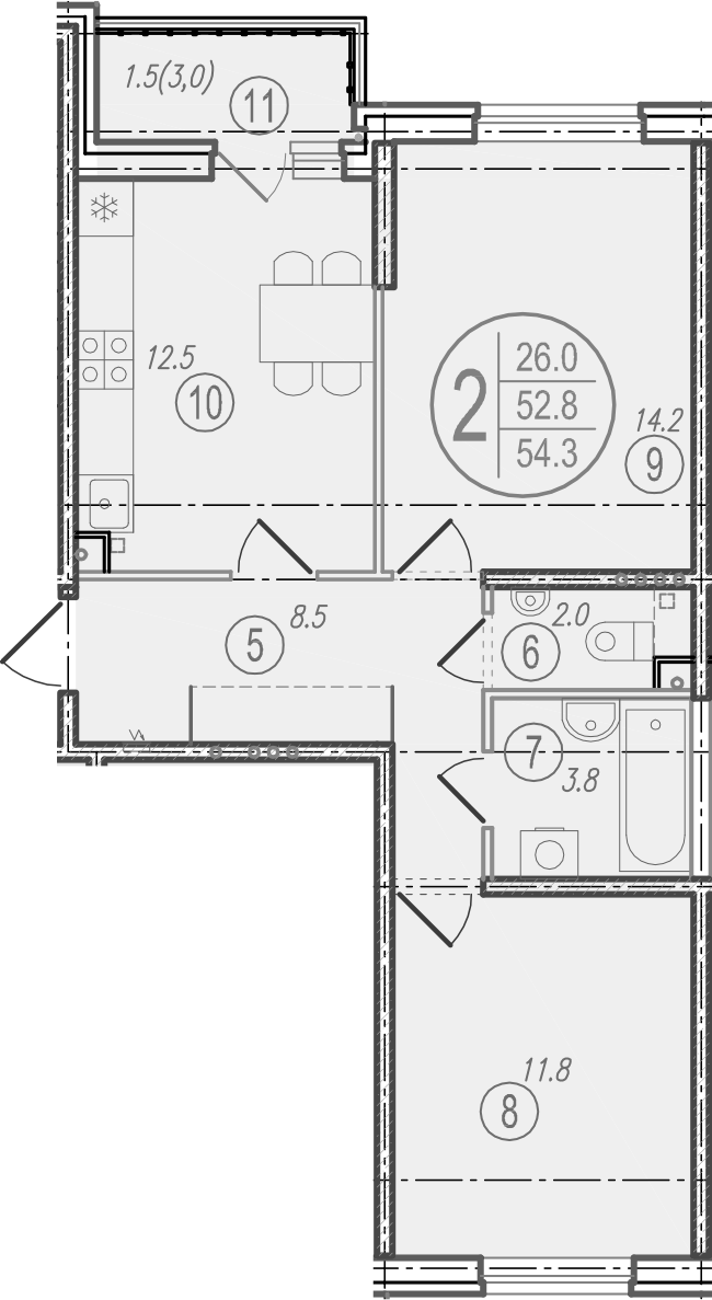 2-комн., 52.8 м², 2/9 этаж, ЖК «Спортивная деревня»