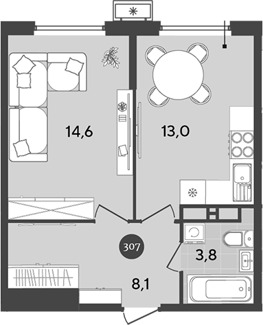 1-комн., 39.5 м², 14/18 этаж, ЖК «Порто-Ново»