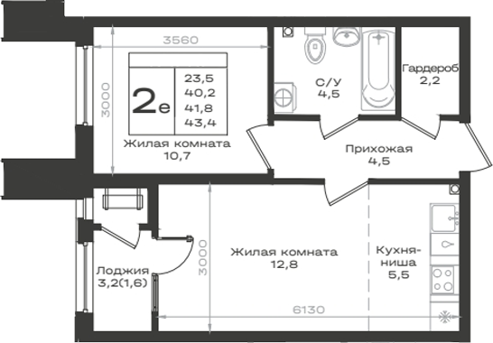 2-комн., 40.2 м², 2/14 этаж, ЖК «Нагория»