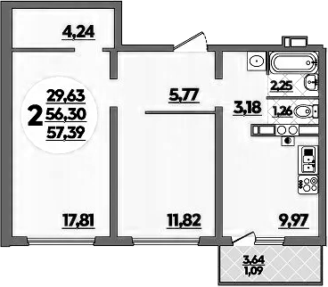 2-комн., 56.3 м², 5/8 этаж, ЖК «Первый»