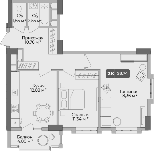 2-комн., 57.54 м², 16/17 этаж, ЖК «Золотой берег. СЗ Среда»