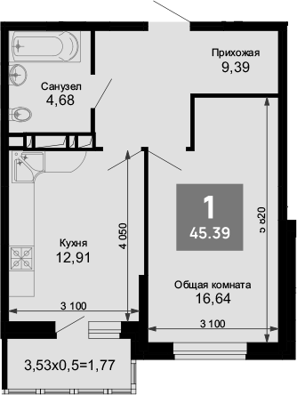 Продается 1-комн. квартира, 44.09 м²