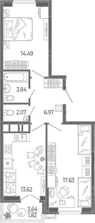 2-комн., 58.62 м², 12/21 этаж, ЖК «Эстет»