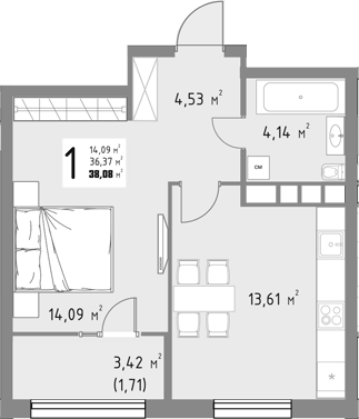 1-комн., 36.37 м², 11/15 этаж, ЖК «Коллекция»