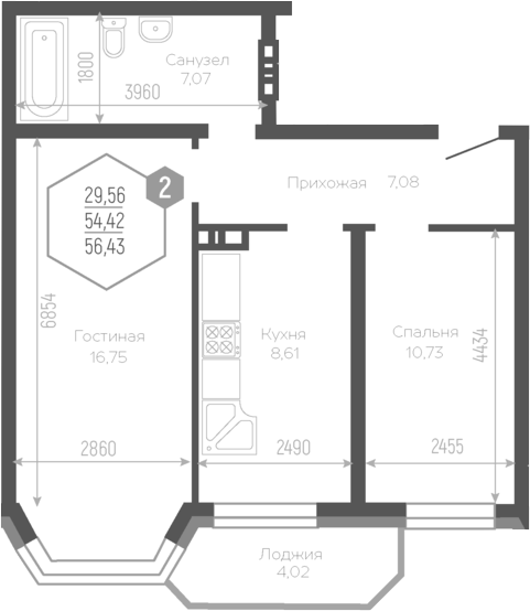 2-комн., 51.78 м², 13/19 этаж, ЖК «Черкасская»