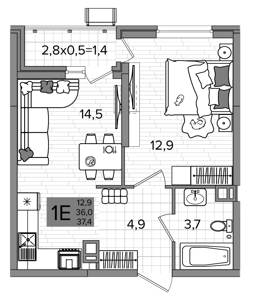 2-комн., 36 м², 8/16 этаж, ЖК «Сармат»