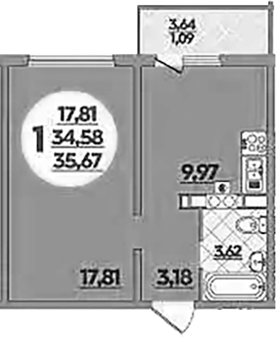 1-комн., 34.58 м², 1/5 этаж, ЖК «Тихорецк»