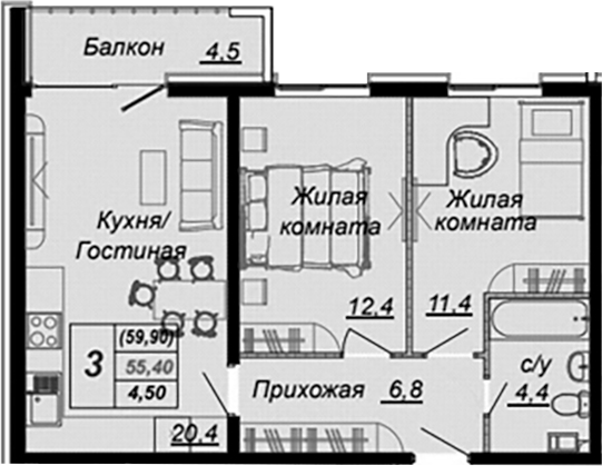 2-комн., 55.4 м², 14/16 этаж, ЖК «Чайные Холмы»