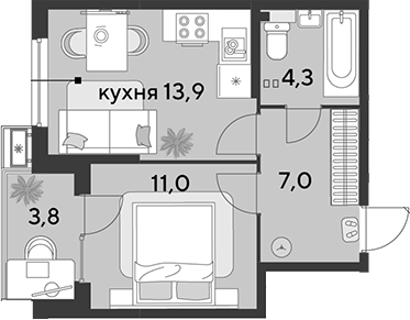1-комн., 36.2 м², 2/9 этаж, ЖК «Парк Победы»
