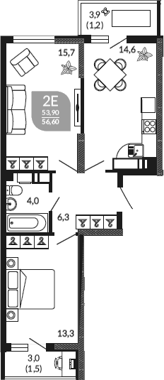 3-комн., 53.9 м², 10/23 этаж, ЖК «Облака»