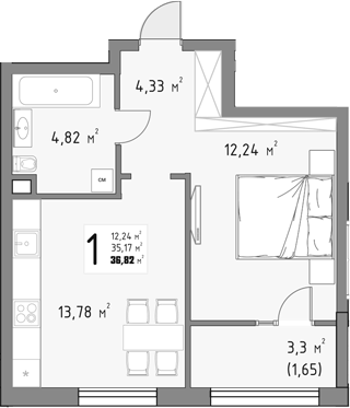 Продается 1-комн. квартира, 35.17 м²