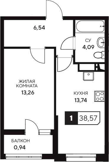 1-комн., 37.63 м², 3/20 этаж, ЖК «Центральный. Гамма»
