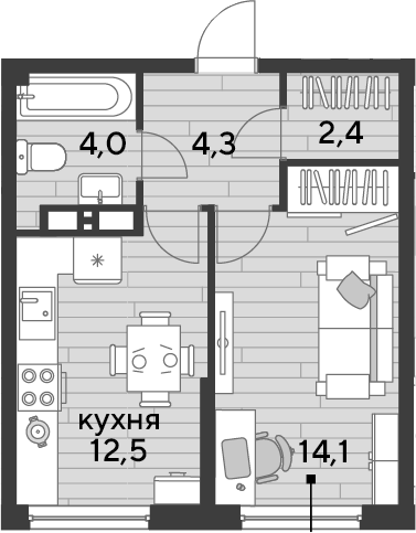 1-комн., 37.3 м², 16/19 этаж, ЖК «DОГМА ПАРК»