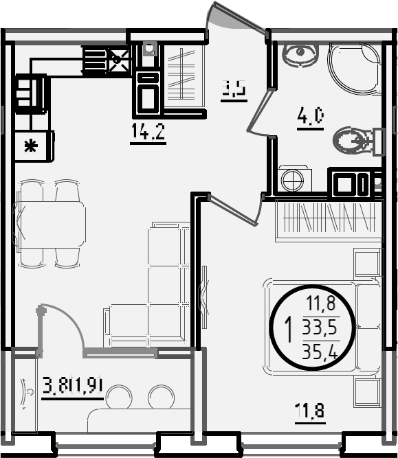 1-комн., 33.5 м², 8/9 этаж, ЖК «Первое место»