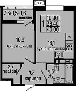 1-комн., 38.4 м², 9/11 этаж, ЖК «Звезды»