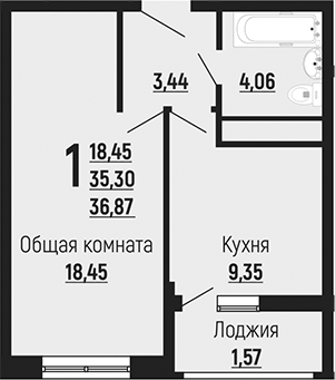 1-комн., 35.3 м², 18/24 этаж, ЖК «Славянка»
