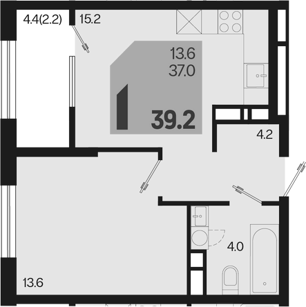 2-комн., 37 м², 14/18 этаж, ЖК «Первое место»