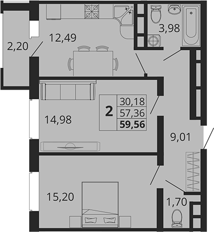 2-комн., 57.36 м², 4/18 этаж, ЖК «Родные Просторы»
