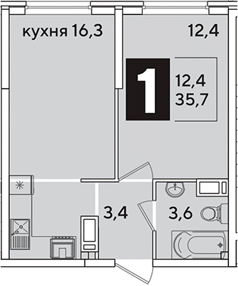 2-комн., 35.7 м², 12/16 этаж, ЖК «Самолет»