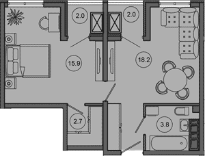 2-комн., 40.7 м², 4/10 этаж, ЖК «Гостиничный комплекс GREENMONT»