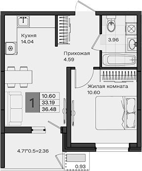 1-комн., 33.19 м², 2/8 этаж, ЖК «МОНО квартал»