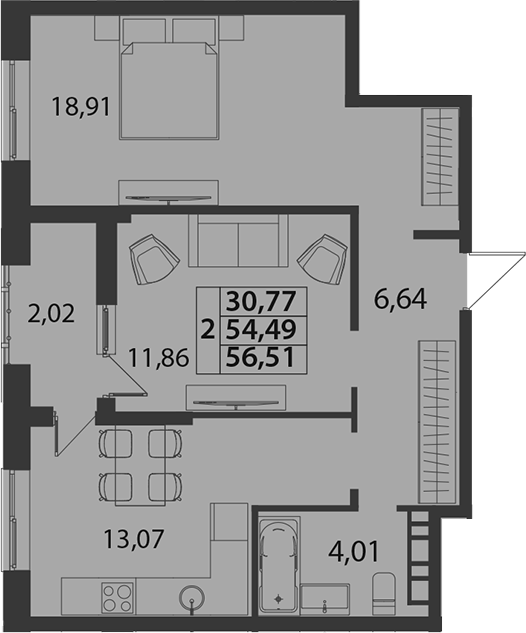 2-комн., 54.49 м²
