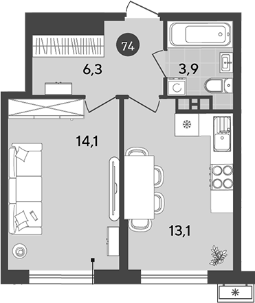 1-комн., 37.4 м², 6/18 этаж, ЖК «Порто-Ново»