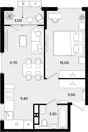 2-комн., 45.1 м², 17/18 этаж, ЖК «Порто-Ново»