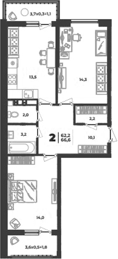 2-комн., 59.3 м², 3/9 этаж, ЖК «Лето»