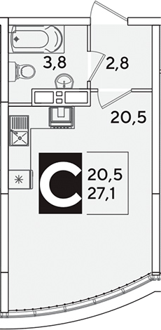 Студия, 27.1 м², 16/16 этаж, ЖК «Самолет»