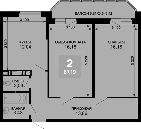 2-комн., 63.77 м², 9/19 этаж, ЖК «Лучший»