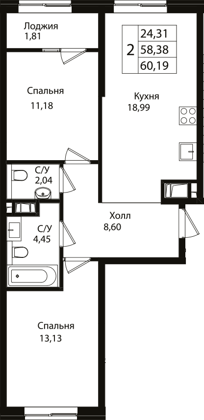 3-комн., 58.38 м², 3/9 этаж, ЖК «Патрики»