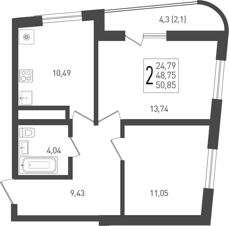 2-комн., 51.4 м², 2/24 этаж, ЖК «ЖК «Кубанская Крепость»»