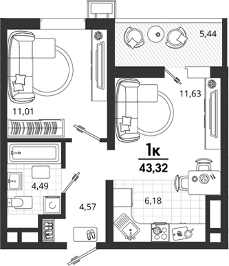 1-комн., 37.88 м², 9/18 этаж, ЖК «Родные Просторы»