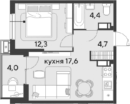 2-комн., 39 м², 14/18 этаж, ЖК «Парк Победы»