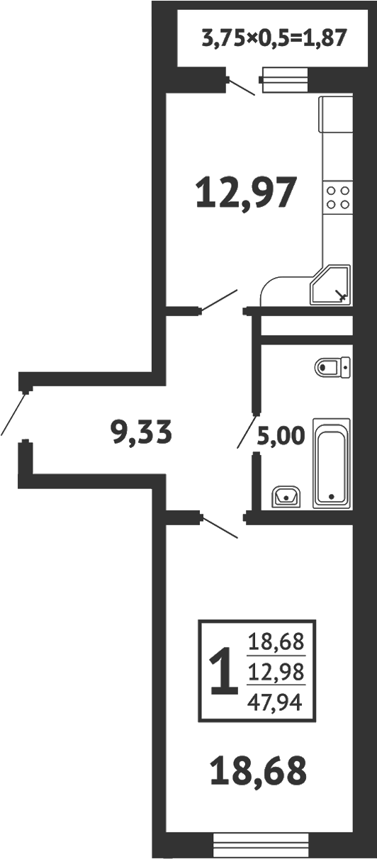 1-комн., 44.8 м², 4/12 этаж, ЖК «Кутузовский. ООО К-2»