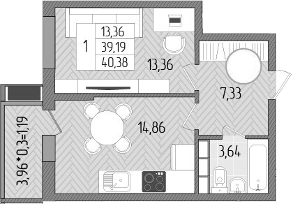 1-комн., 39.19 м², 5/8 этаж, ЖК «Сады у моря»