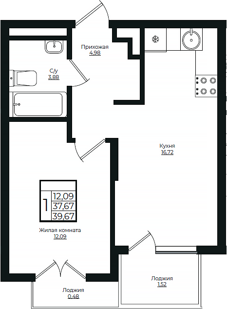 2-комн., 37.67 м², 3/10 этаж, ЖК «Европа-Сити»