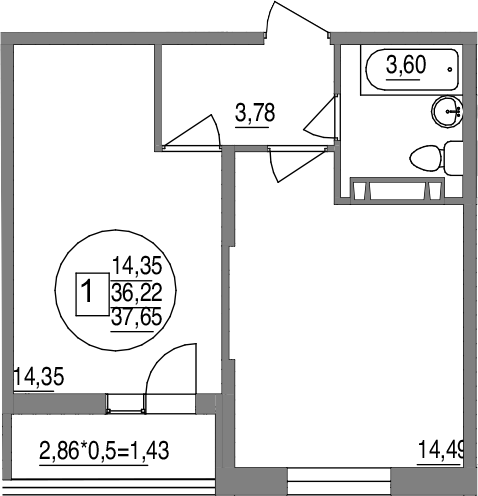 1-комн., 36.22 м², 7/12 этаж, ЖК «Друг»