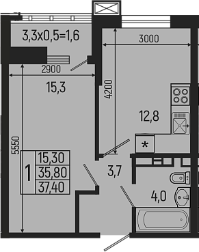 1-комн., 35.8 м², 6/9 этаж, ЖК «Звезды»