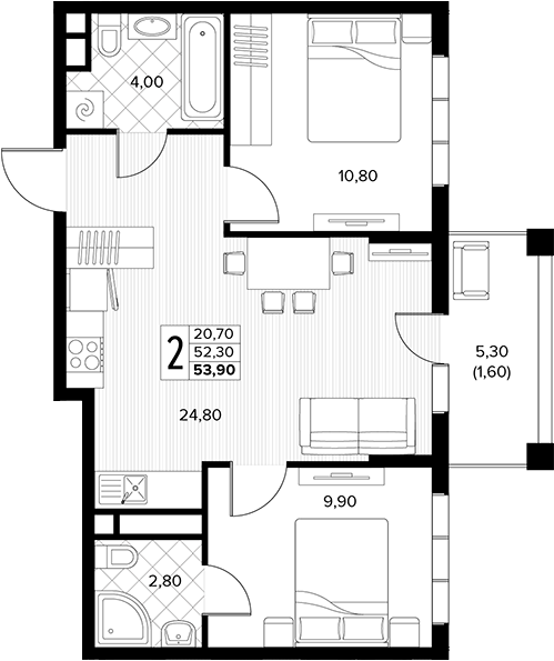 2-комн., 52.3 м², 7/7 этаж, ЖК «Кипарис»