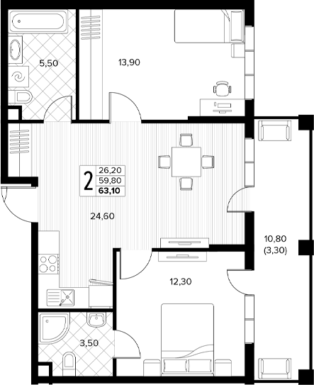 2-комн., 59.8 м², 1/6 этаж, ЖК «Кипарис»