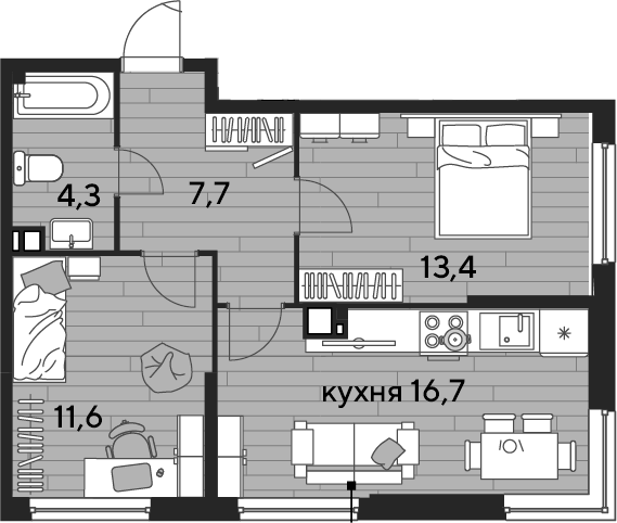 2-комн., 53.7 м², 8/19 этаж, ЖК «DОГМА ПАРК»