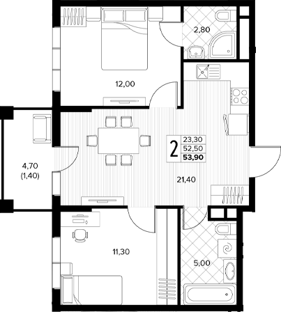 2-комн., 52.5 м², 3/7 этаж, ЖК «Кипарис»
