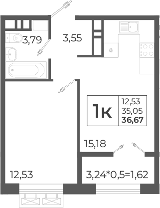 2-комн., 37.35 м², 12/12 этаж, ЖК «Высочество»