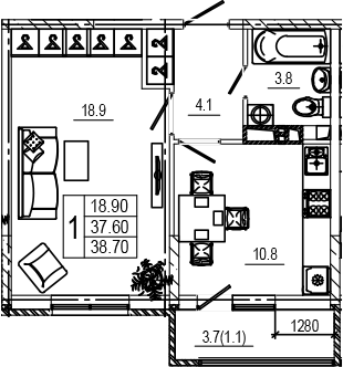 1-комн., 37.7 м², 5/9 этаж, ЖК «Лето»