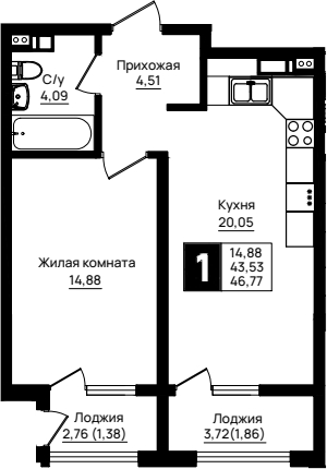 Продается 1-комн. квартира, 43.53 м²