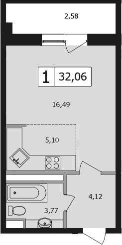 Студия, 32.1 м², 7/16 этаж, ЖК «Жемчужина»